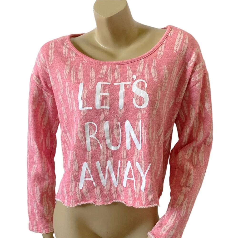 BETHANY MOTA Womens Size XL Lets Run Away Raw Hem Long Sleeve Crop Top Shirt